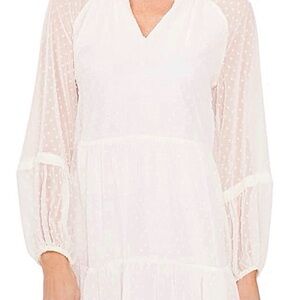 CeCe White Ruffled V-Neck Clip Dot Textured Shift Dress